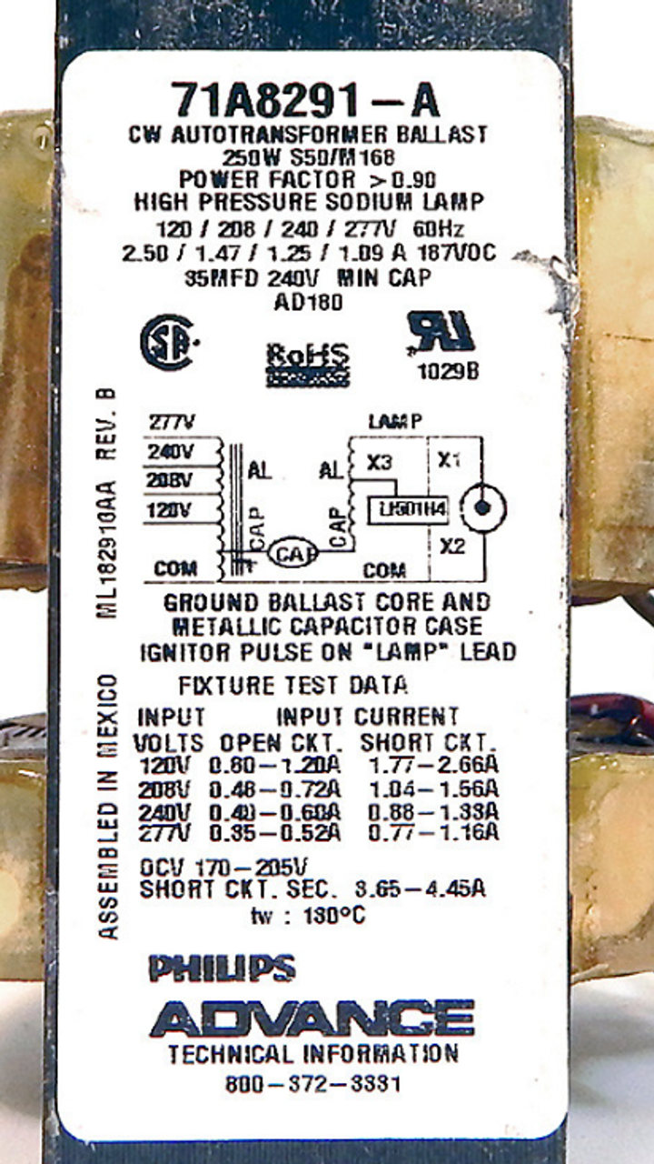 Advance 71A8241-001D HPS 250W Ballast Kit 480V Dry Cap